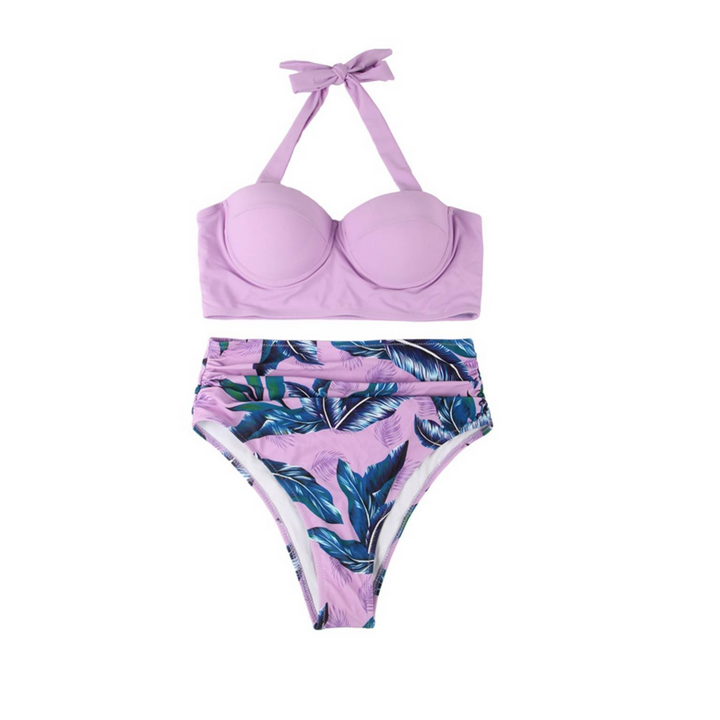 Tropical Print Push Up Bikini Swimsuit Set - Purple