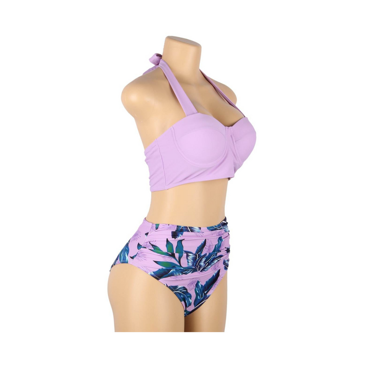 Tropical Print Push Up Bikini Swimsuit Set - Purple