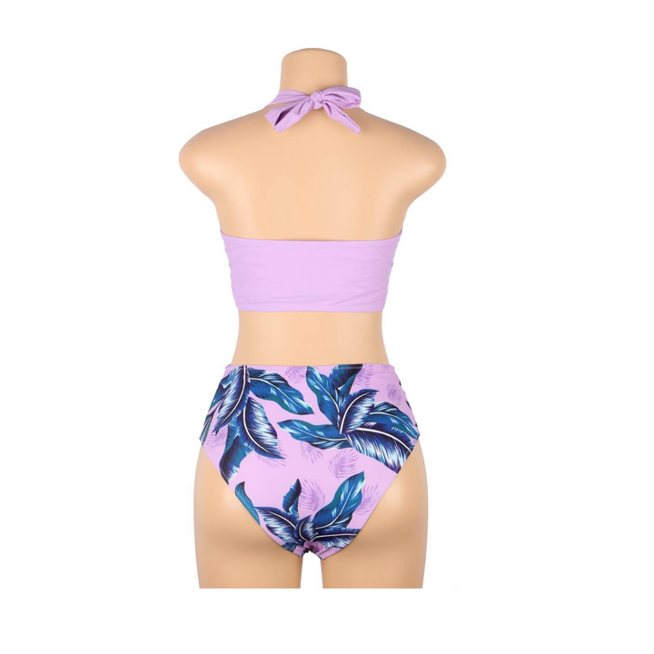 Tropical Print Push Up Bikini Swimsuit Set - Purple