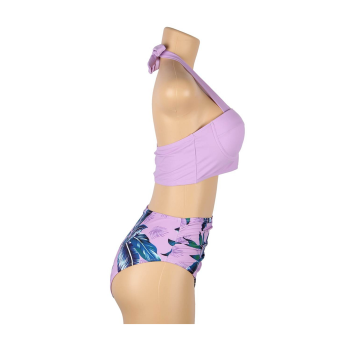 Tropical Print Push Up Bikini Swimsuit Set - Purple