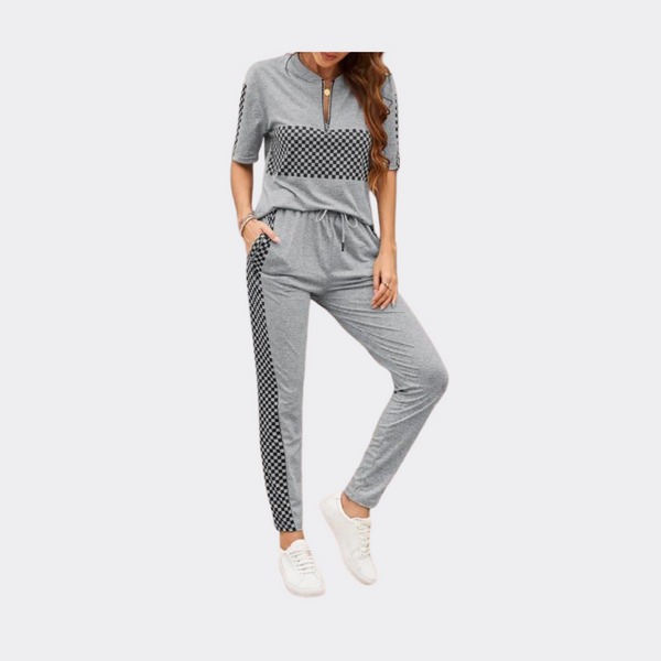 Plaid Splicing Lounge Pants Set-Gray