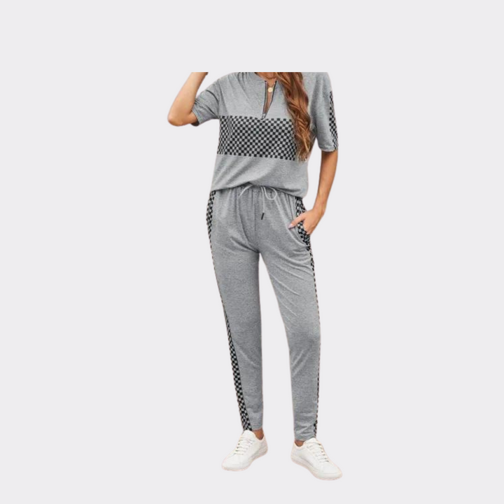 Plaid Splicing Lounge Pants Set-Gray