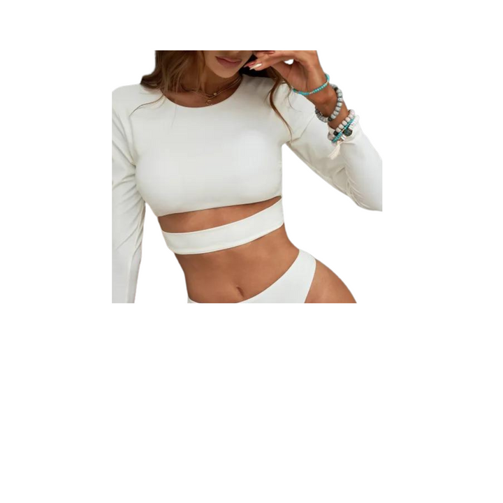 Cut-out Two-piece Long Sleeve Rash Guard - White