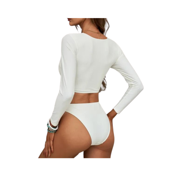 Cut-out Two-piece Long Sleeve Rash Guard - White