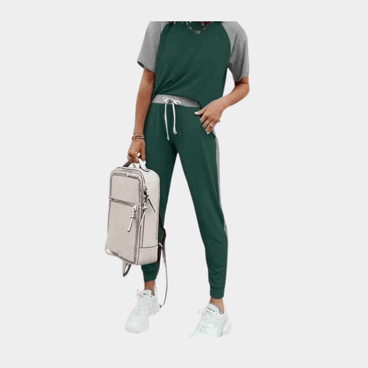 Colorblock Short Sleeves Lounge Set - Green