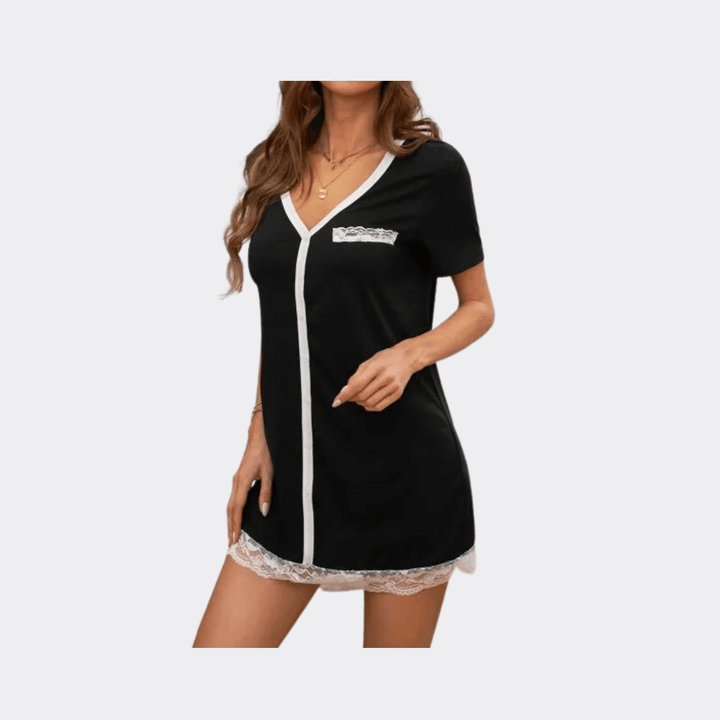 Contrast V Neckline Lace Trim Lounge Dress - Black