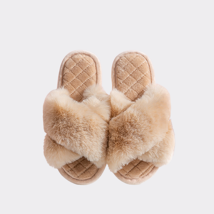 Open Toe Plush Slippers - Light Brown