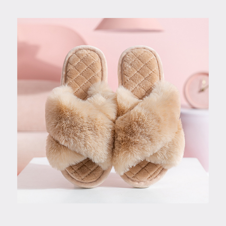 Open Toe Plush Slippers - Light Brown