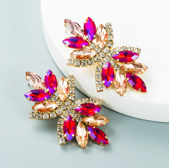 Retro Flower Multi-layer Colored Rhinestone Earrings