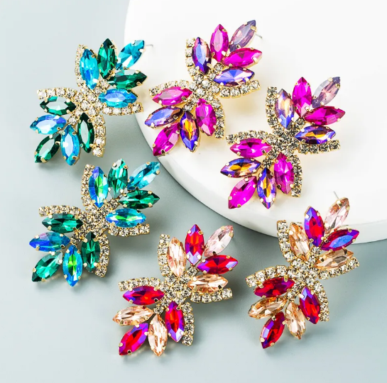 Retro Flower Multi-layer Colored Rhinestone Earrings